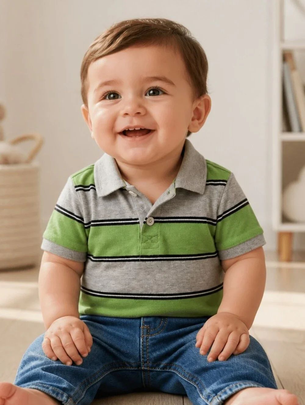 Baby Boy 18M Ultimate Polo Shirt Green Gray Stripe Collar Short Sleeves Casual